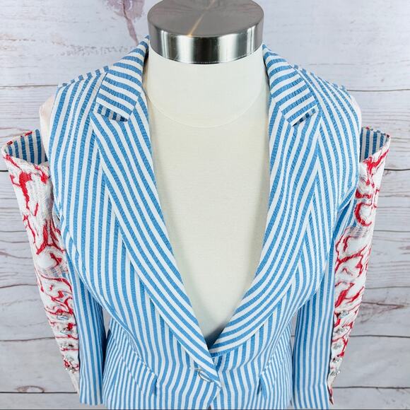 Alberto Makali open shoulder seersucker stripe blue white blazer - Picture 4 of 13